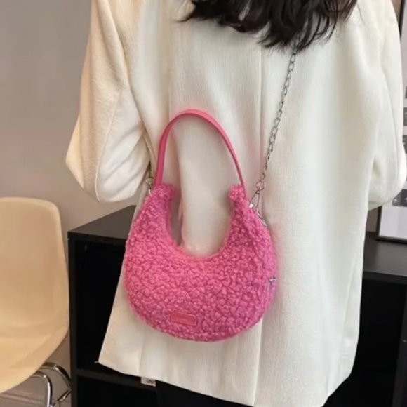 Teddy bag, Fluffy Hobo Bag, Solid Color Shoulder Bag, Women's Zipper Handbag pin - Picture 3 of 3